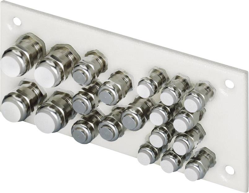 Metal plate with 14 round-arranged coupling sockets of varying sizes, mounted in a rectangular formation.