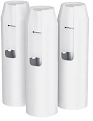 Three white spray cans in a row on a white background. They are slender and identically shaped with smooth surfaces.