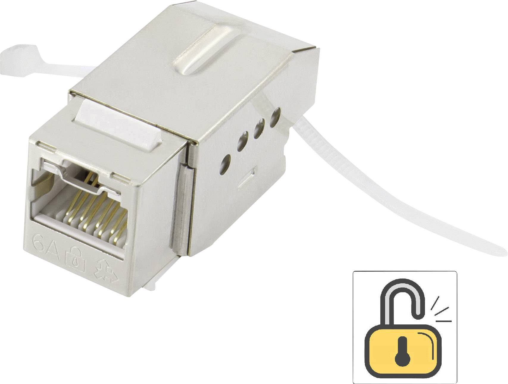 Metallic RJ45 network plug housing with switching symbol underneath.