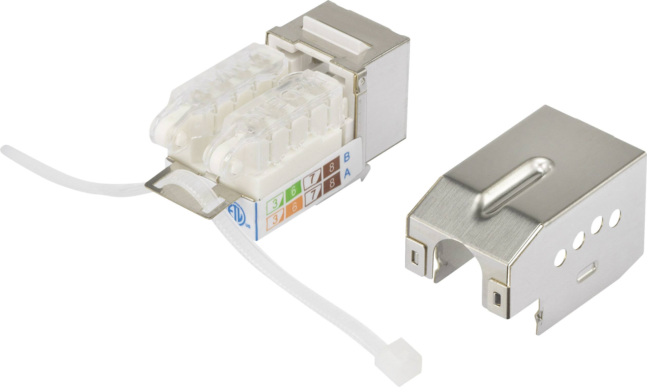 Metallic network connector housing and plastic connector with colour-coded wire connections, side view.