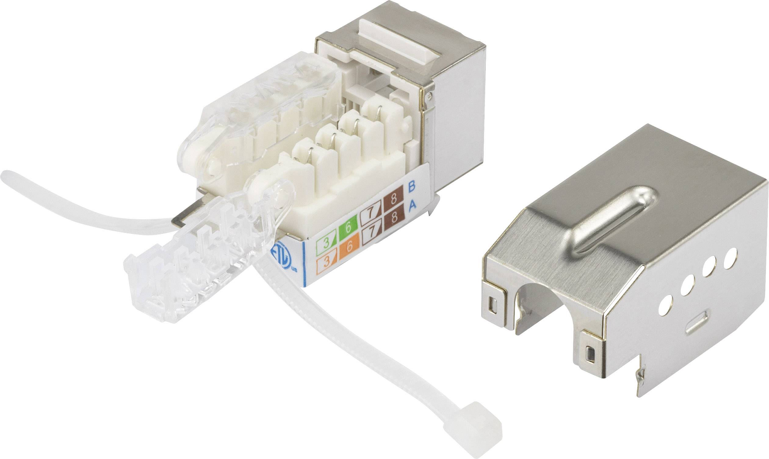 Modular RJ45 keystone socket module with removable metal housing and colour-coded wires for network installations.
