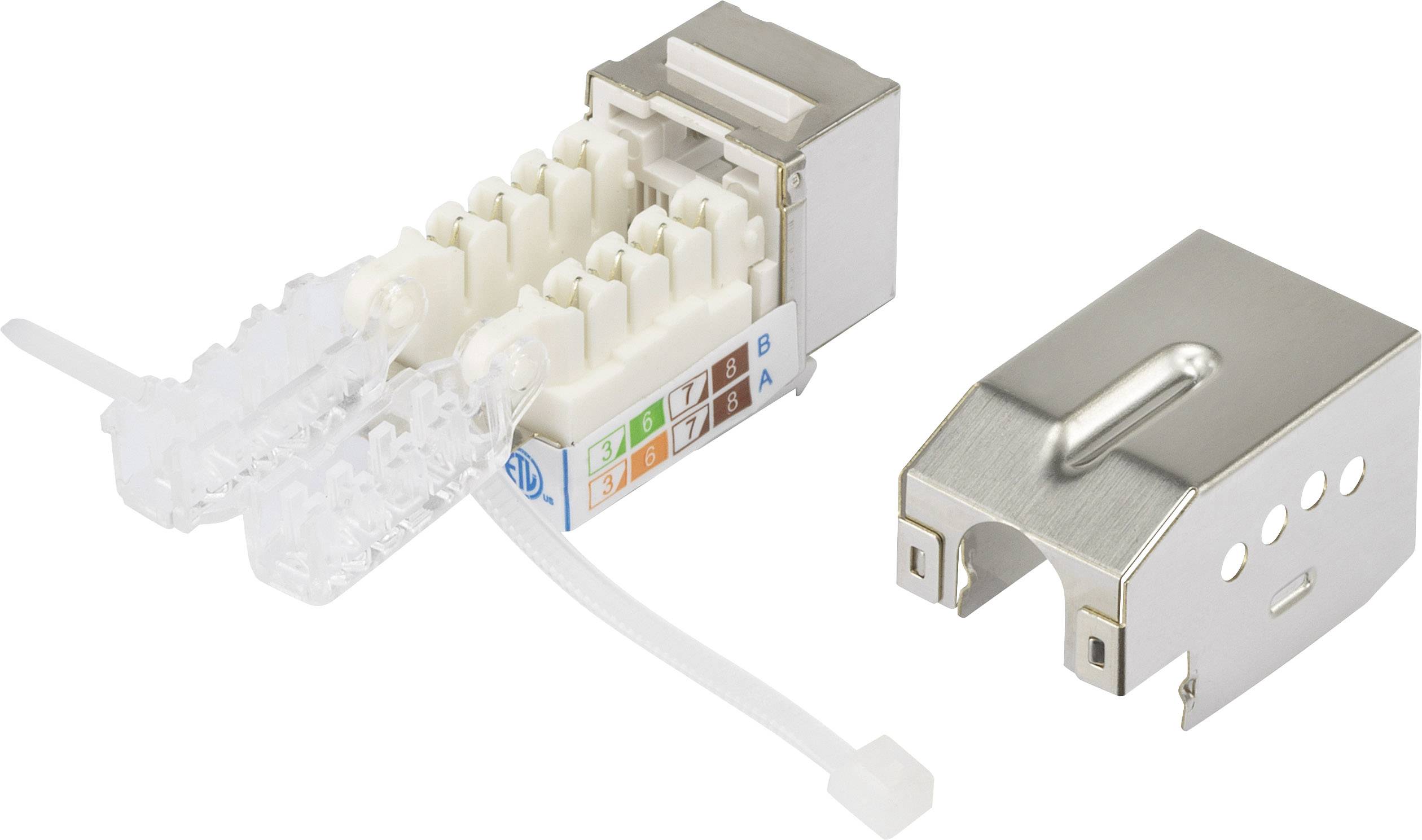 Metallic keystone module with removable cable management system. Suitable for network connections. Mounting hardware visible.