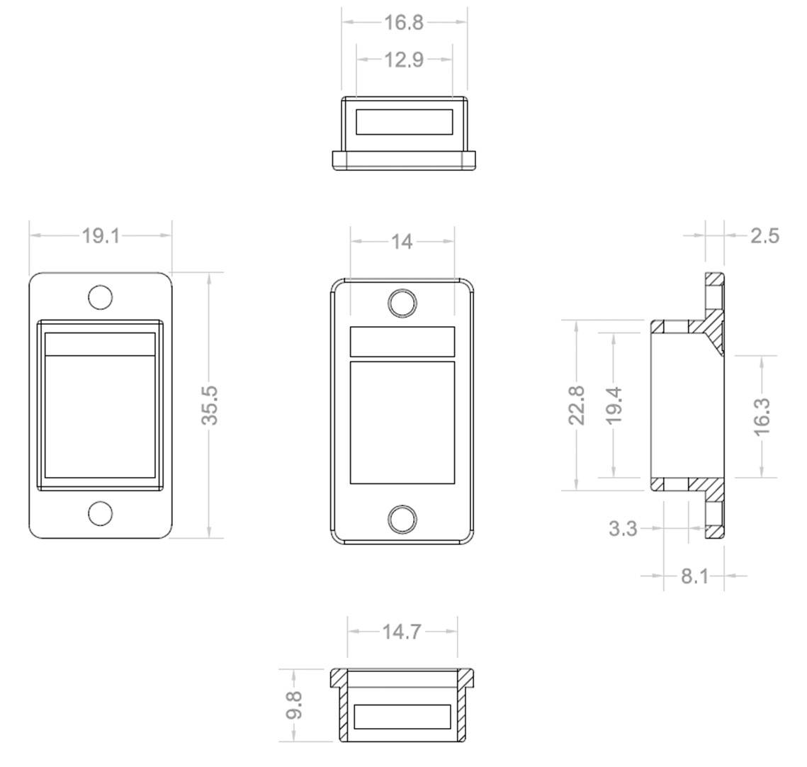 Several views of a rectangular component with precise measurements in millimetres. Main view shows 35.5 x 19.1 mm.