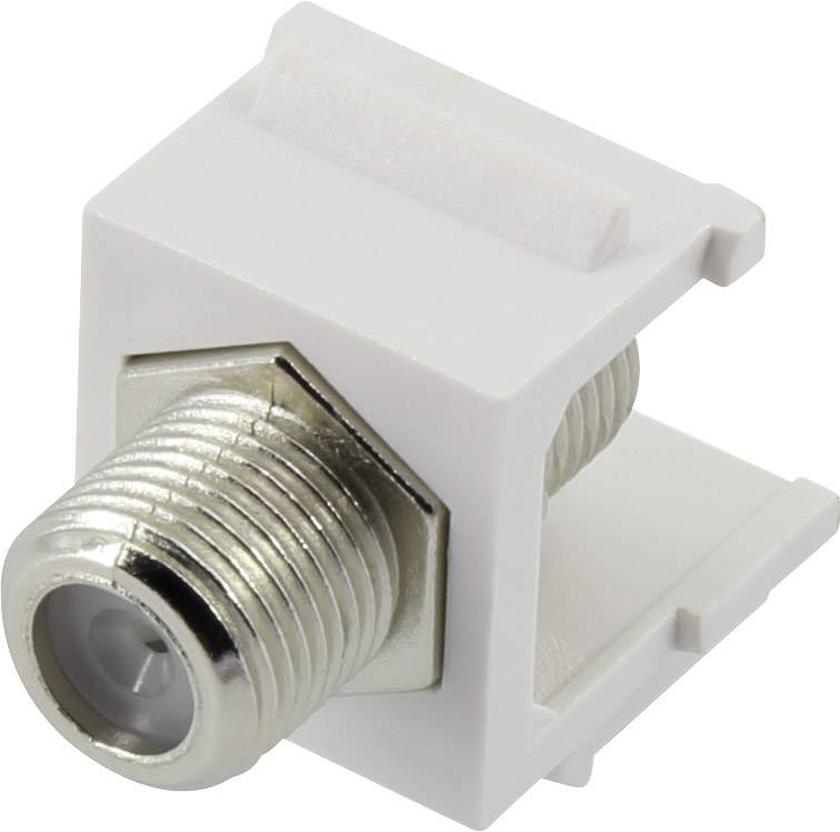 A coaxial cable connector socket, mounted in a white plastic frame, ready for installation in an enclosure wall.