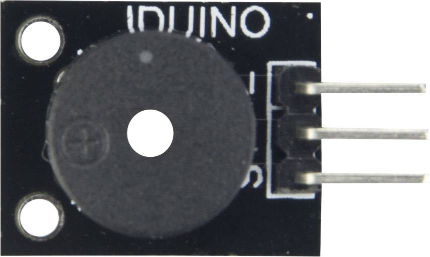 Black active buzzer with three connection pins, mounted on a small rectangular circuit board, suitable for electronic projects.