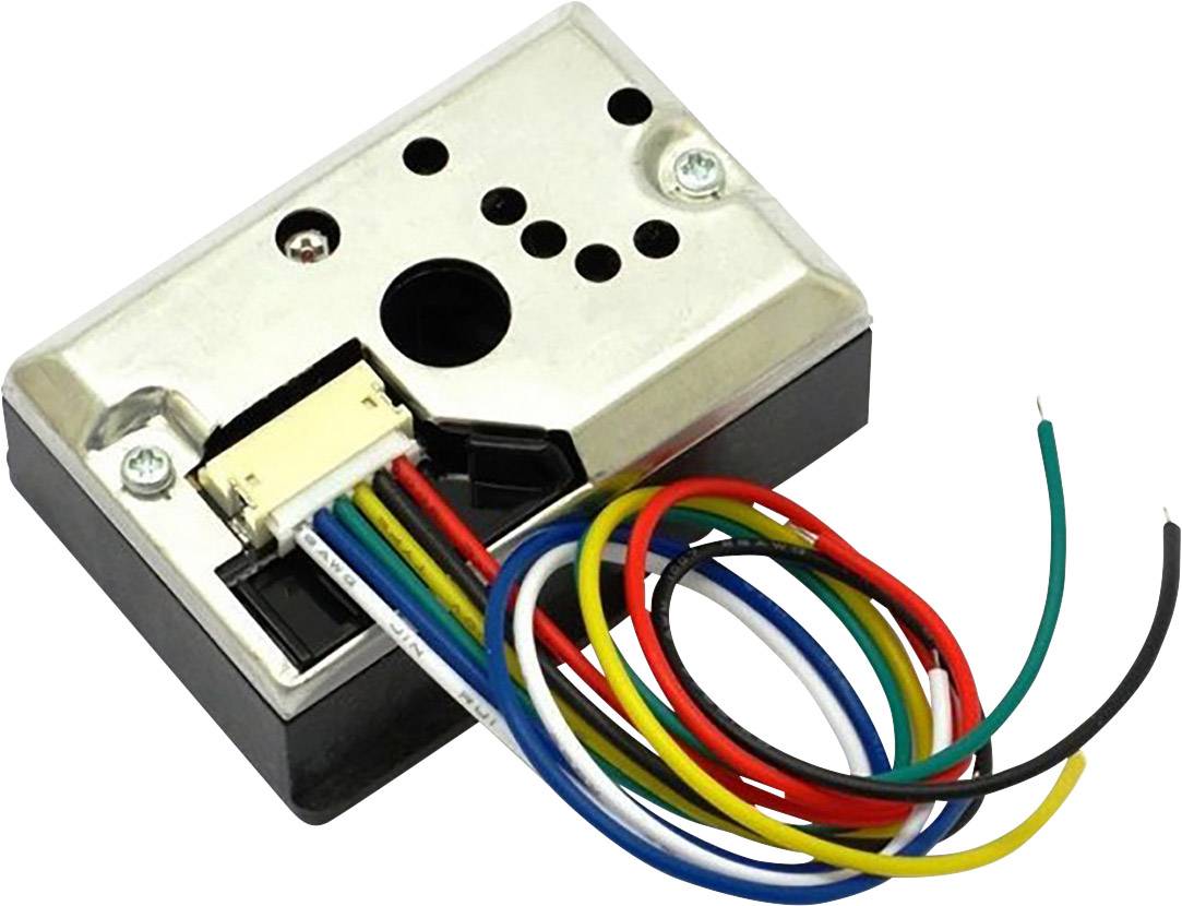 Electrical component with multiple coloured cables: Red, Yellow, Green, Blue, Black. Main component made of metal in rectangular form.