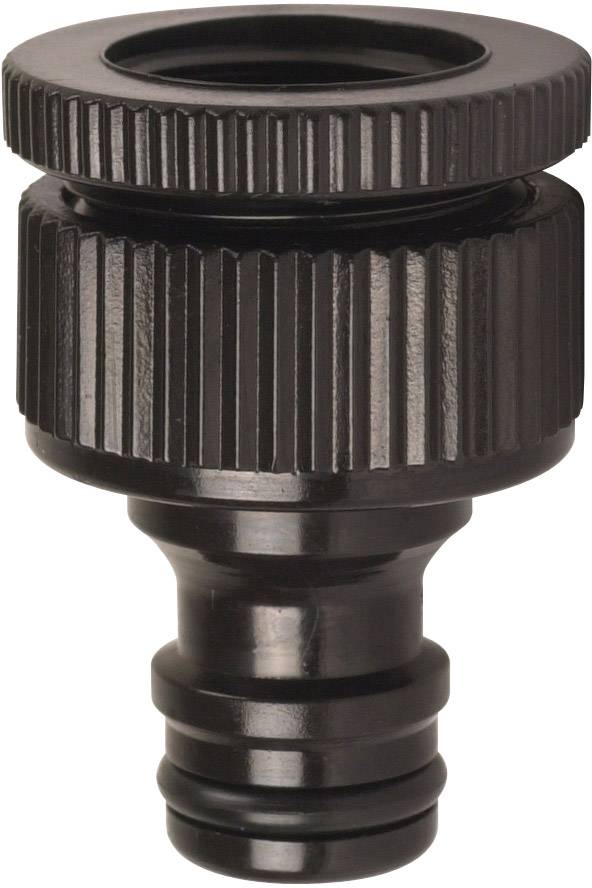 Black plastic garden hose connector with a ribbed surface for improved grip.