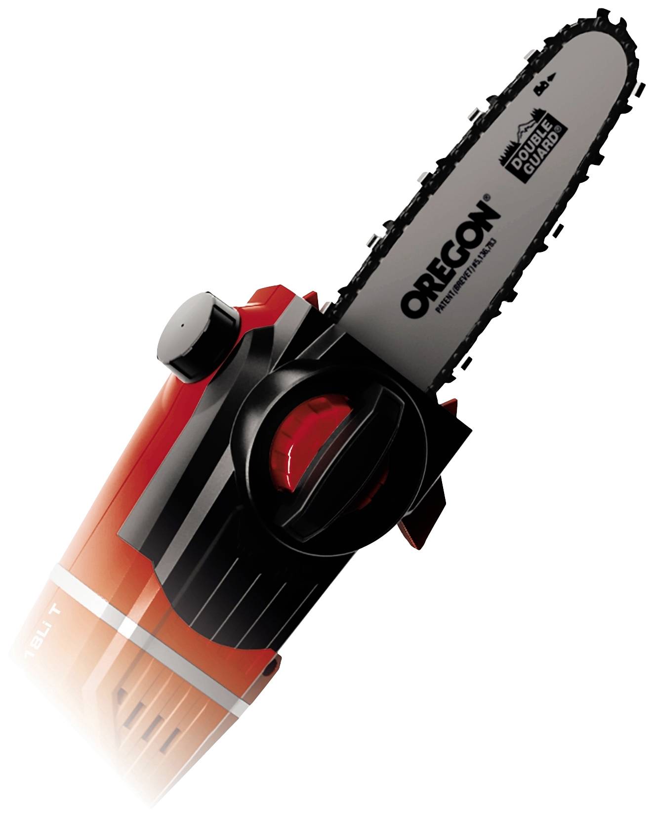 A red mini chainsaw with a black handle and 'OREGON' printed on the saw blade. Perfect for light cutting and garden tasks.