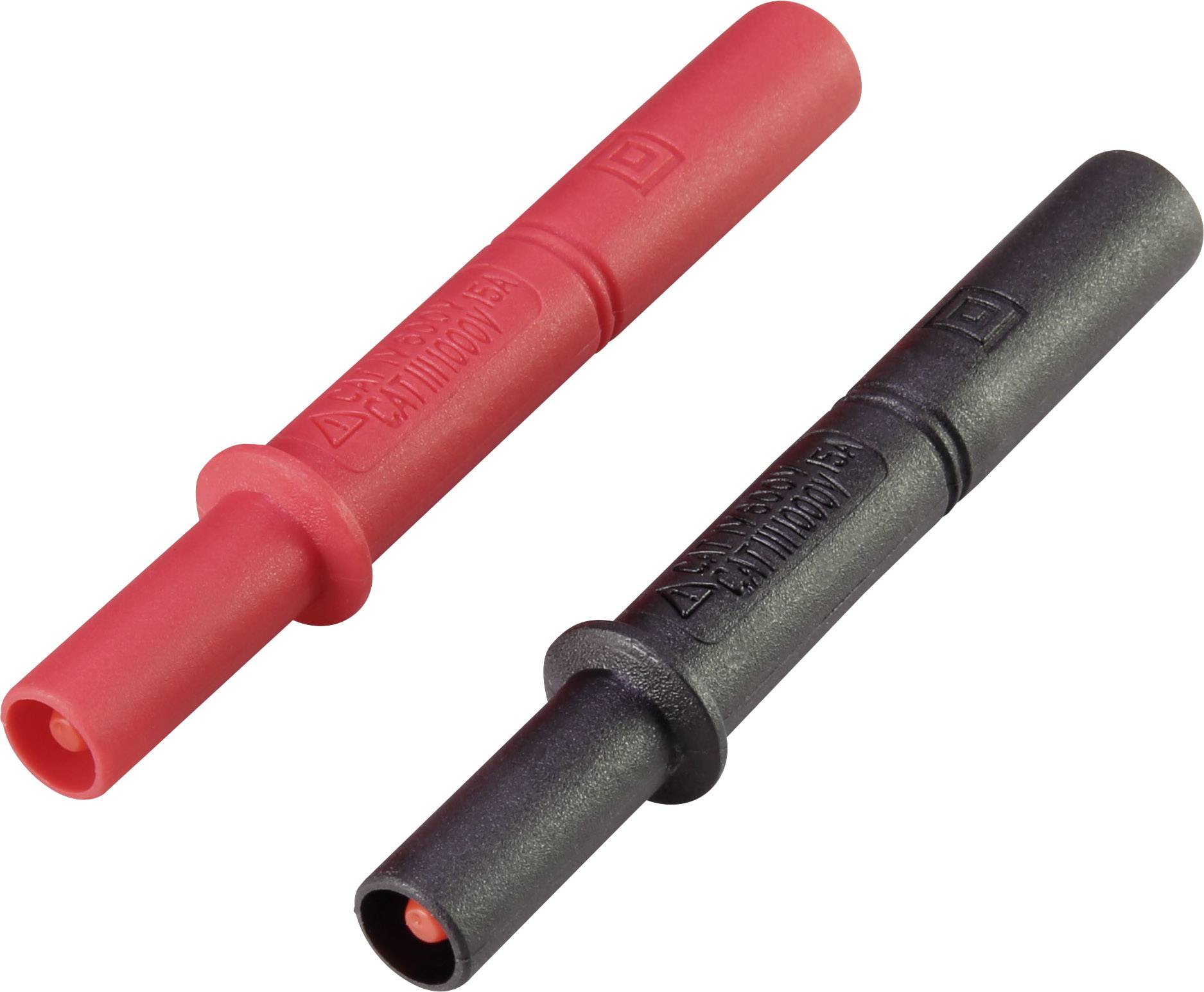 Two coloured banana plugs, one red and one black, side by side on a white background.
