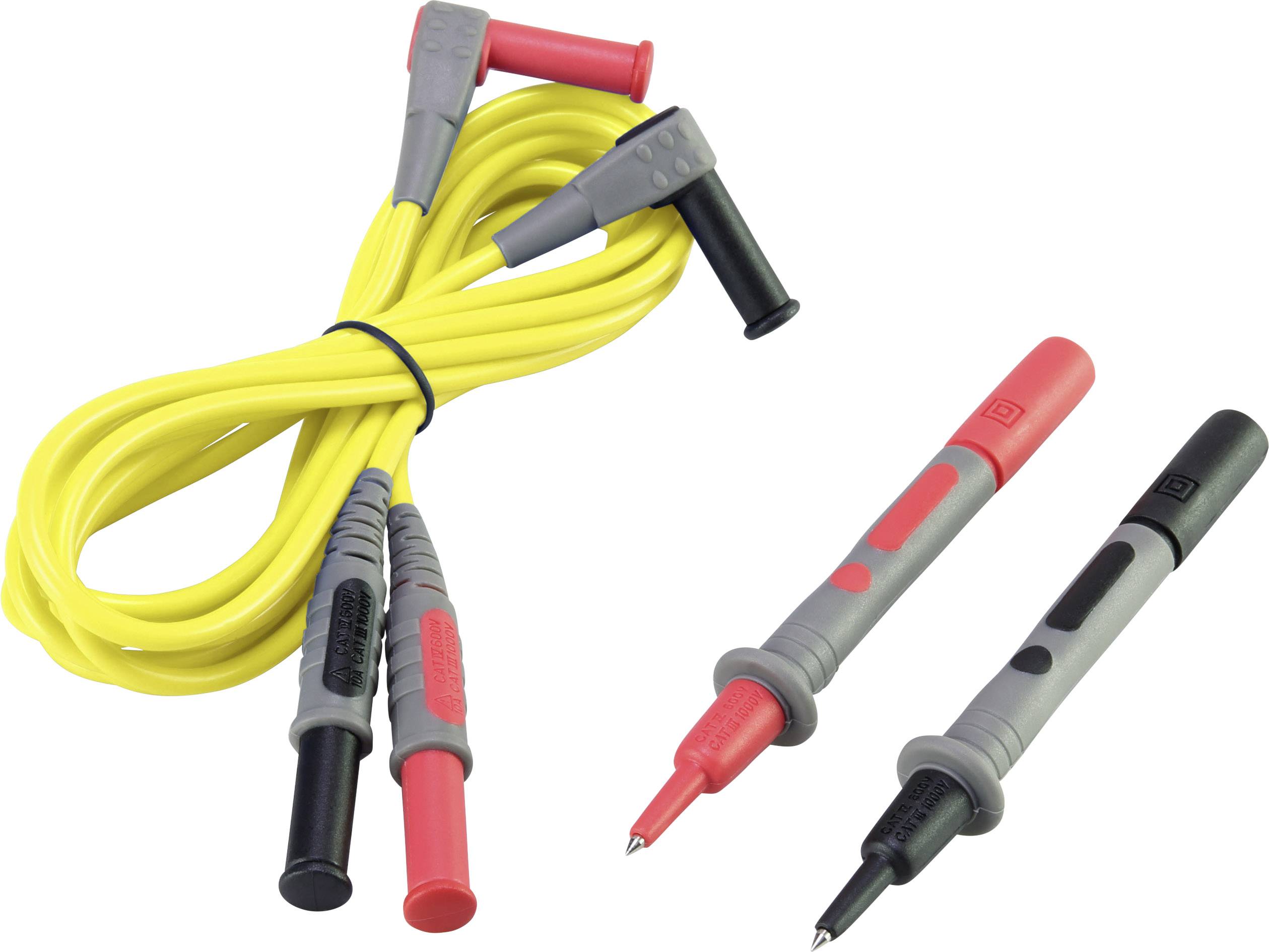 Yellow measurement cable with red and black multimeter test probes, used for electrical tests and measurements.