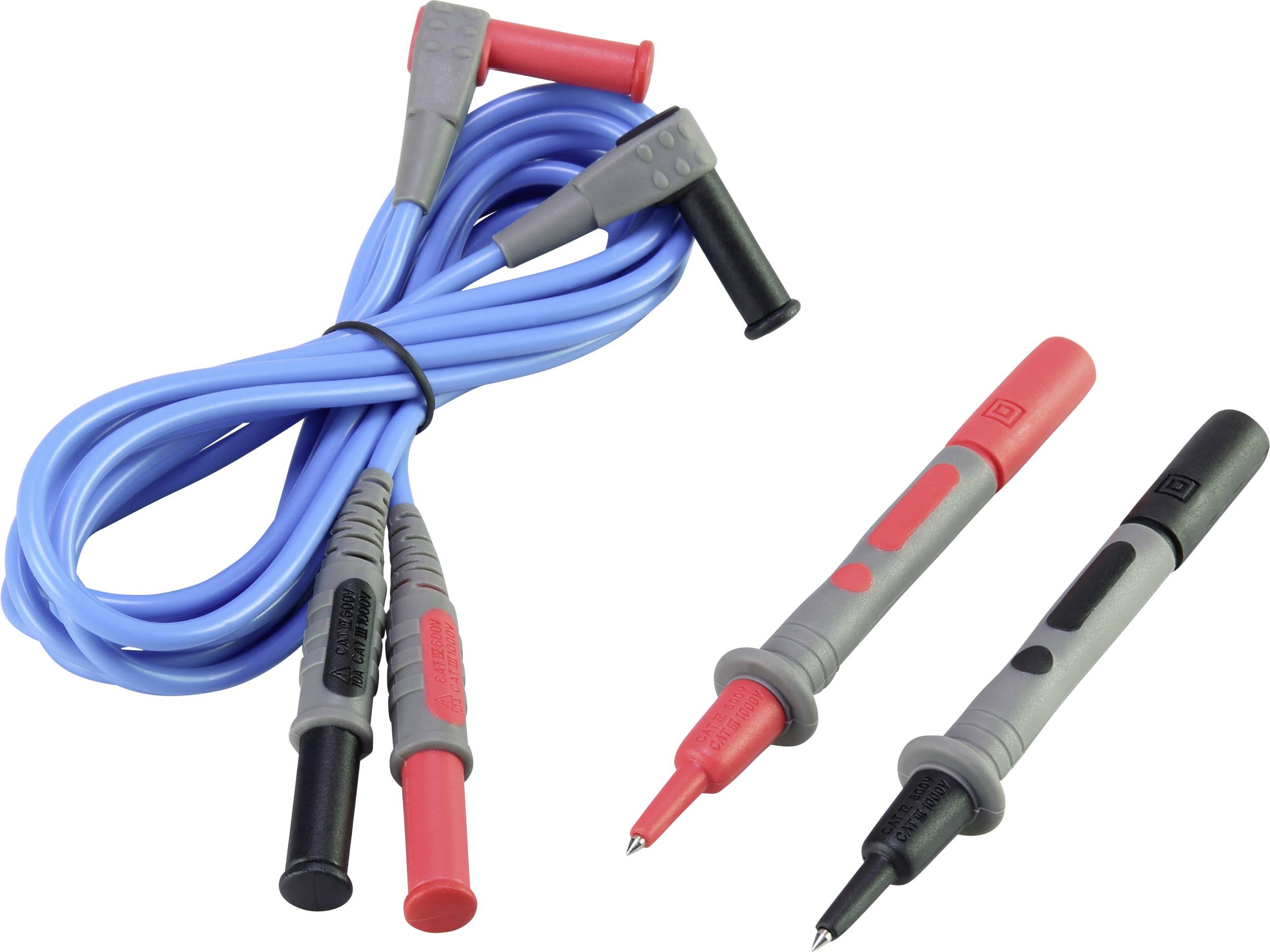 A pair of test probes, one red and one black, next to a coiled blue cable, used for electronic measurements.