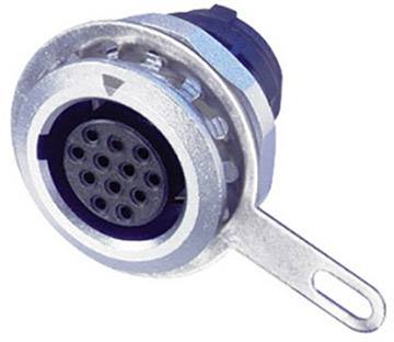 A metal connector with multiple round contact pins and a mounting eyelet, suitable for industrial applications.