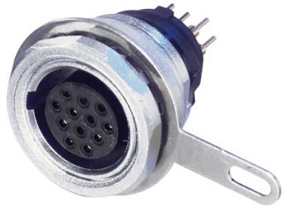 A round electrical plug with multiple metal pins and a mounting tab, used for connecting electronic devices.