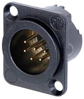 A black, round electrical plug with six golden contacts, mountable with two screw holes.