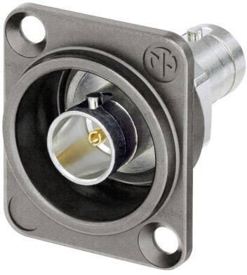 A BNC connector mounted on a square plate with four screw holes.