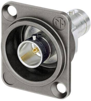 A coaxial connector in a rectangular metal housing with four mounting holes.