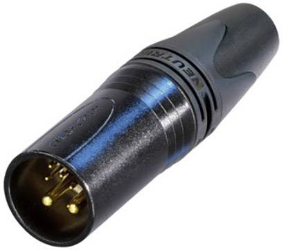 Black XLR plug with three gold-plated pins. Used for high-quality audio connections.