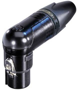 A black, right-angled XLR plug, commonly used for microphones and audio applications.