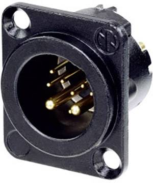 Black XLR plug with five gold-plated pins, for audio or lighting connections.