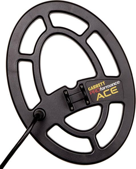 Metal detector coil, black with label 'GARRETT PROformance ACE', wired. Used for detecting metal objects.<br><br>Note: This translation is already quite close to British English, with only minor adjustments made to ensure natural phrasing.
