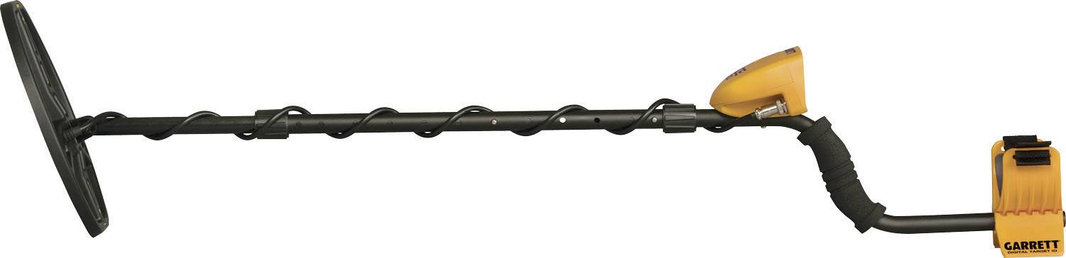 A black metal detector with an orange control panel, spiral-shaped handle, long pole, and flat sensor head.