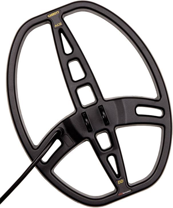 Metal detector search coil in elliptical shape with brand marking, suitable for electronic treasure hunting.