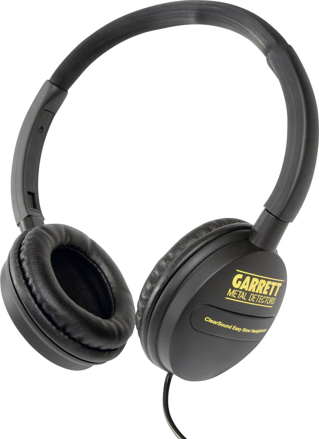 Black headphones with padded ear cups. On one cup is written 'Garrett Metal Detectors'. Suitable for use with metal detectors.