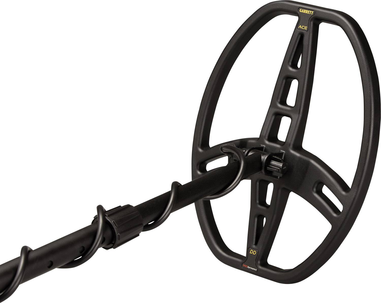 A metal detector with a large, round search coil and an ergonomic handle.