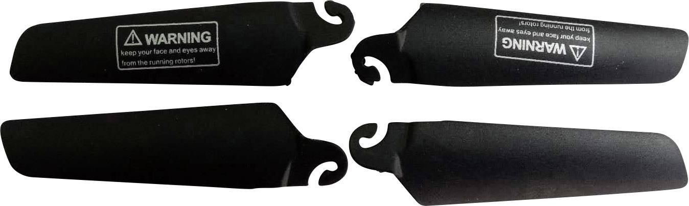 Four black propeller blades with 'WARNING' written in white.