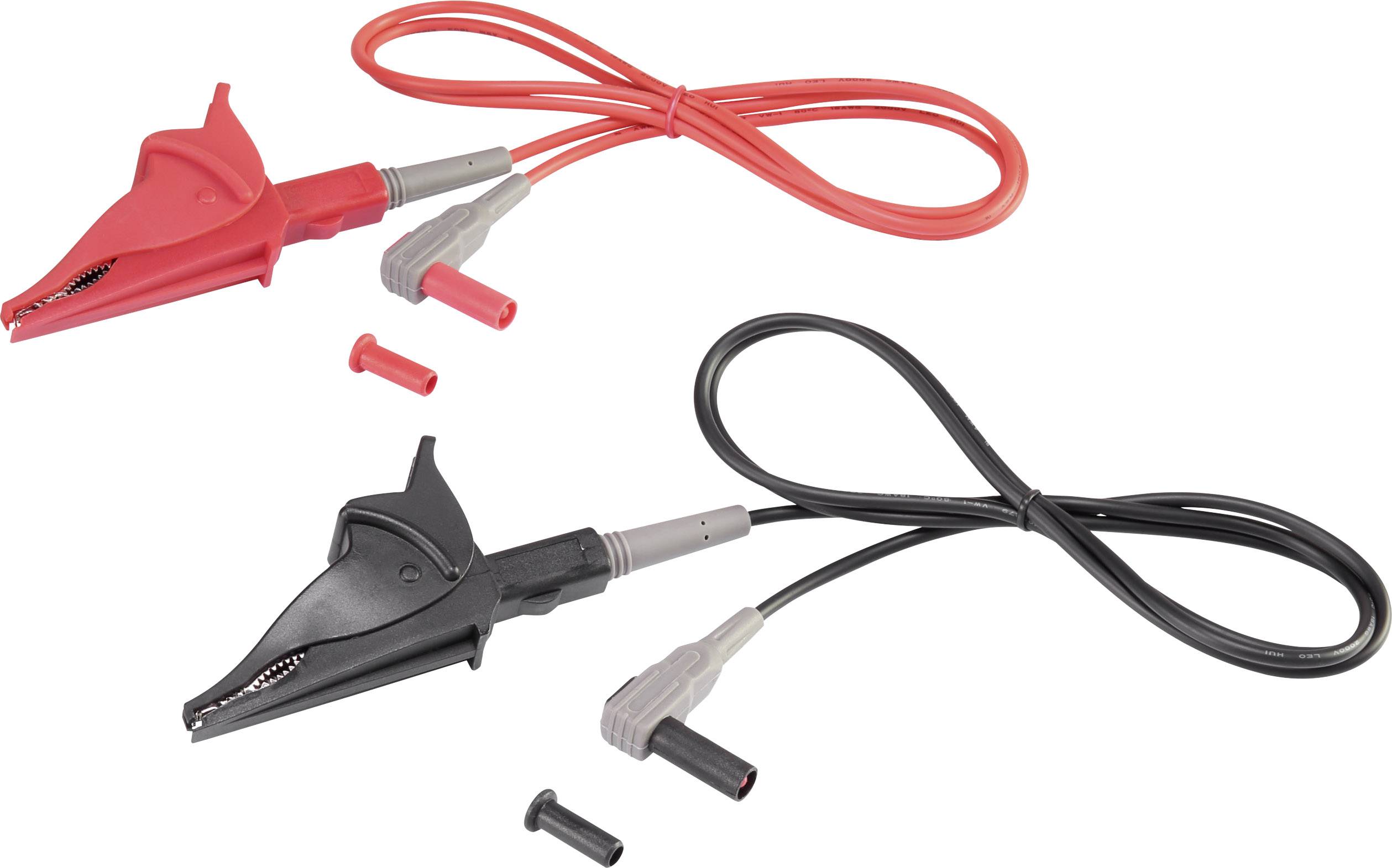 Red and black crocodile clip set with cable and connectors, suitable for testing electrical connections.