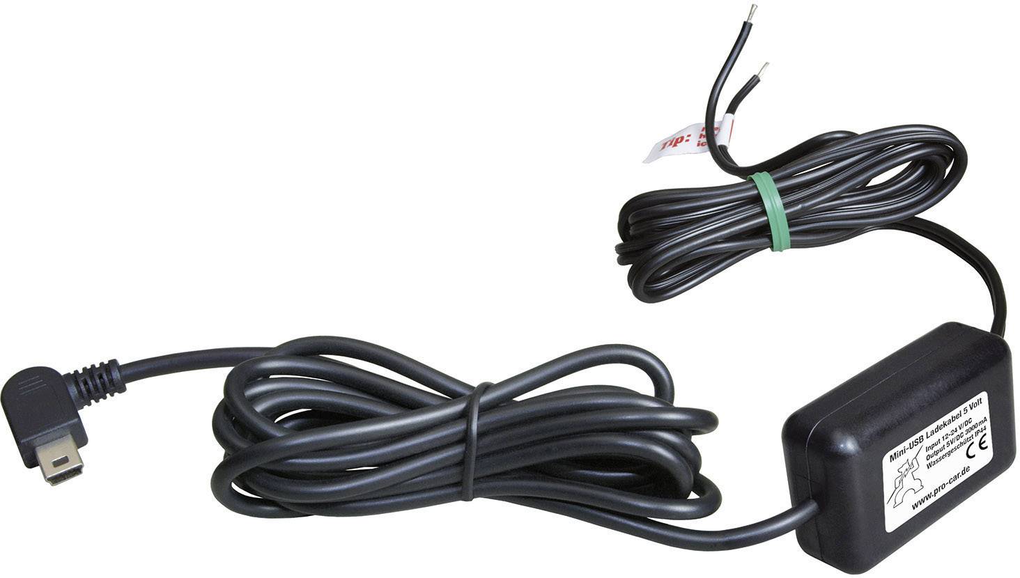 ProCar Mini USB charger cable IP44 3000 mA Max. load capacity=3 A For direct connection to the battery 12 V to 5V, 24 V to 5 V