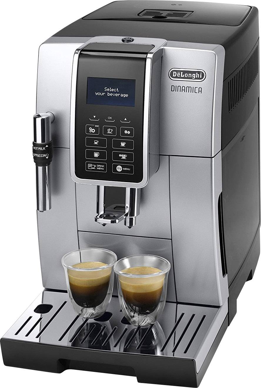 Stainless steel bean-to-cup coffee machine with digital display and buttons, with two espresso glasses underneath, displaying 'Select your beverage'.