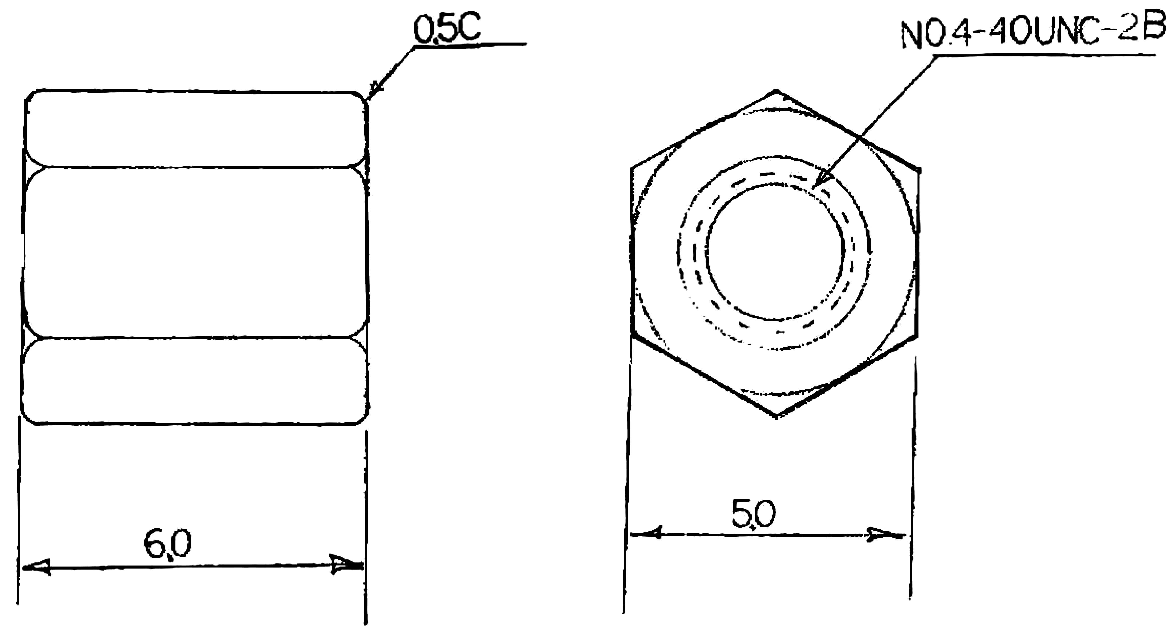 Technical drawing of a hexagonal component with labels 'Ø5C' and 'N0.4-40UNC-2B'. Dimensions 6.0 and 5.0 indicated.