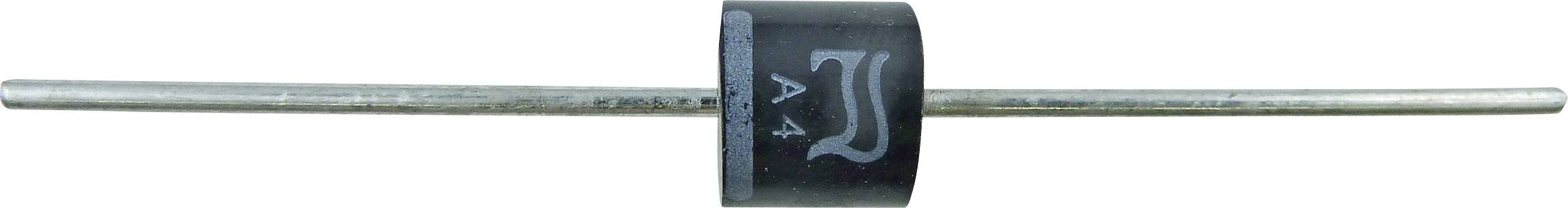 Electronic component, probably a diode, with a black casing and two metal terminals.