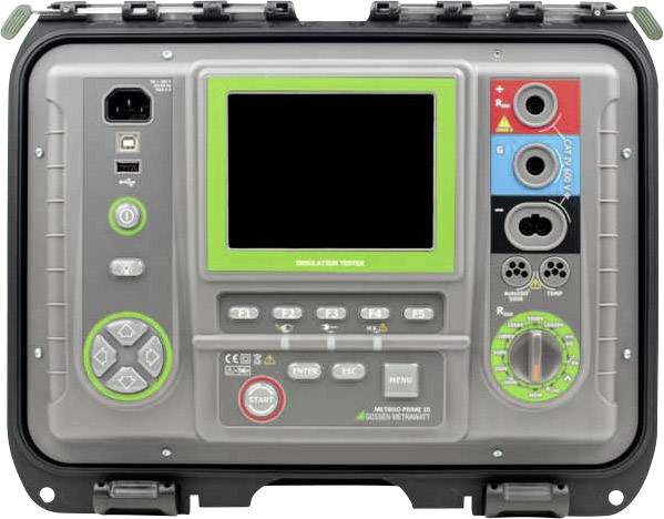 Electronic testing device with display, keypad and connections. Top side shows various control and adjustment options.