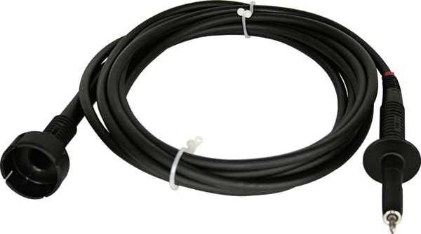A black cable with a plug at each end, used for electrical connection or signal transmission.