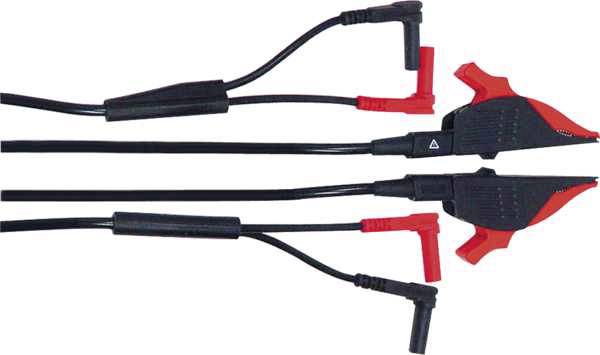 A pair of black and red test leads with crocodile clips at one end and banana plugs at the other, for electrical testing.