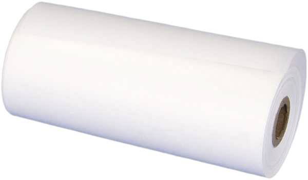 A roll of white paper with a brown cardboard core, lying horizontally.
