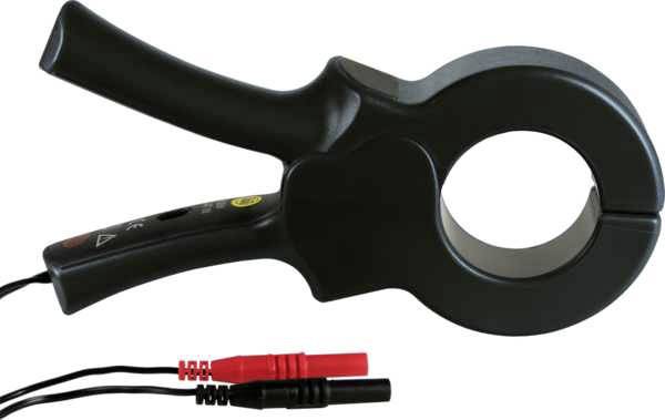 A black current clamp adapter with cables. The device has two handles and a round opening for encircling cables to measure electrical current.