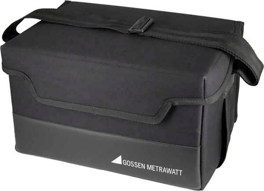 Black carrying bag by Gossen Metrawatt with shoulder strap, suitable for transporting electrical testing equipment or accessories.