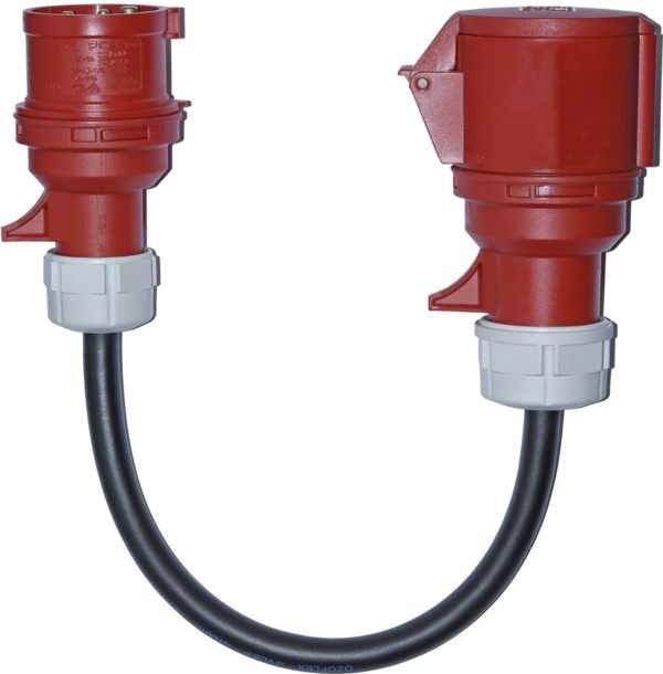 A red extension lead with two industrial electrical connectors, suitable for power supply in industrial environments.
