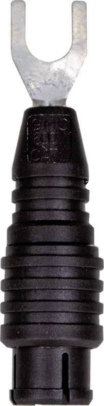 Black electric fork-type cable lug, made of plastic and metal, for secure cable connection in electrical circuits.