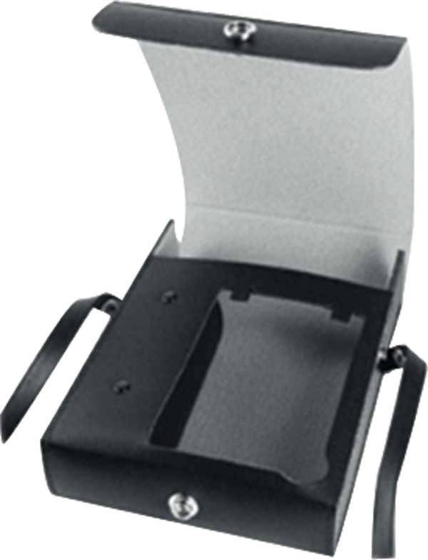 Opened black metal box with a lid and handles, suitable for storing small items or as a cash box.