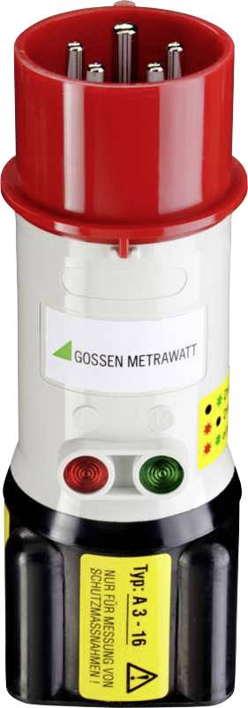 Electrical testing device with a red plug socket and multiple contact pins, two buttons, an indicator light, and the inscription 'Gossen Metrawatt'.