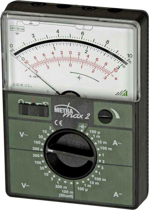 Analogue multimeter with needle display, showing voltage and current. Rotary switch for different measurement ranges, scale from 0 to 300V.