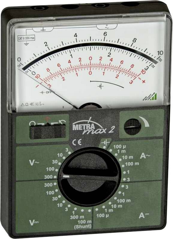 An analogue multimeter with a scale for voltage and current. The rotary dial shows various measurement ranges and functions.