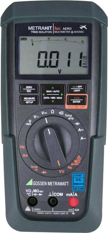 A digital multimeter displays a reading of '0.11 V'. The device has various switches and buttons for selecting measurement modes.