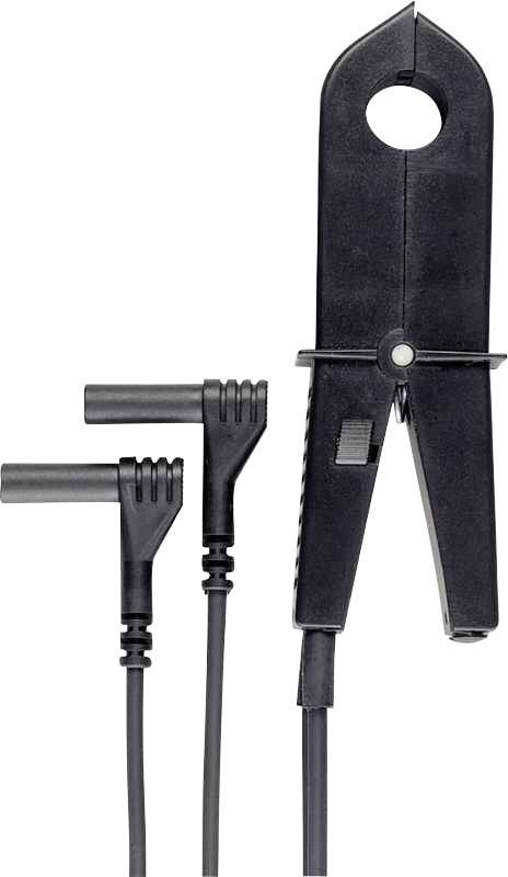 Black electrical current clamp with two connected cables, used for measuring electric current in electrical conductors.