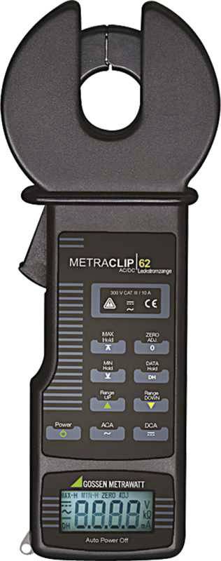 A digital electricity meter of the type METRACLIP 62 displays a measurement reading of 6.88 on the screen. Buttons and indicators are visible.
