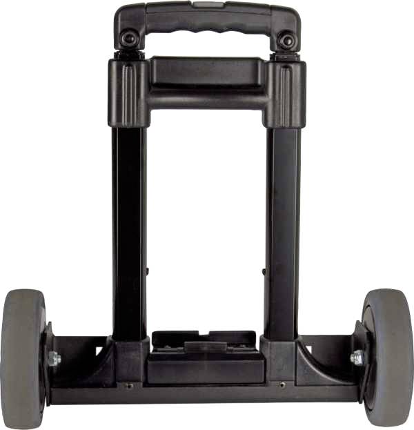 A black trolley with sturdy handles and large wheels, suitable for transporting heavy items.